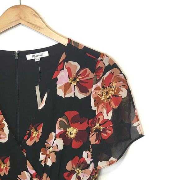 Madewell Black Red Floral Mini Dress V Neck Short Sleeve Fit and Flare Chic 4 - Picture 5 of 16